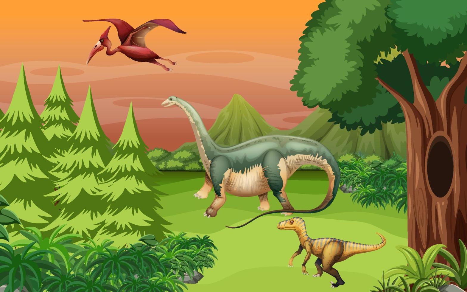 escena de la naturaleza con árboles en las montañas con dinosaurio vector