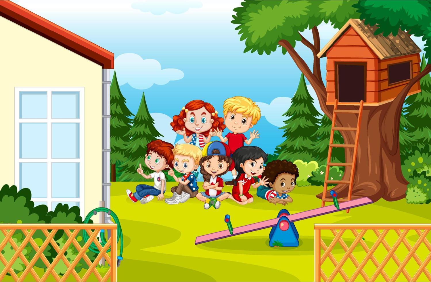 Scene with many children playing in backyard vector