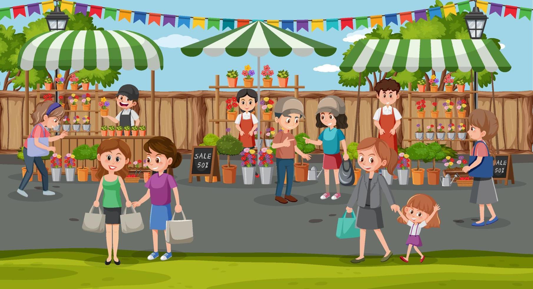 Flea market scene in cartoon style vector