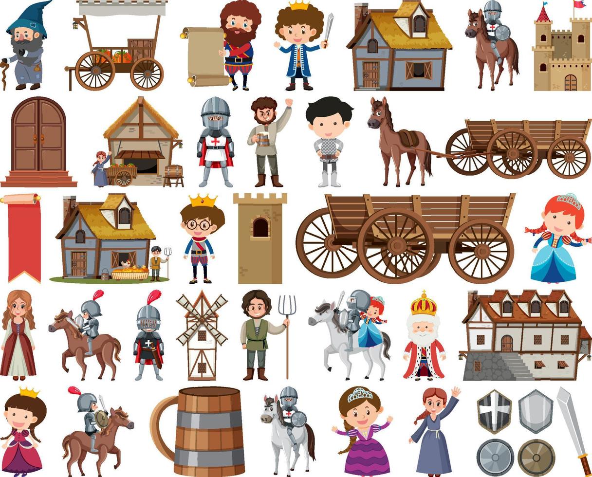 Medieval characters buildings set vector