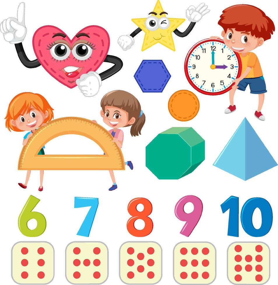 Math classroom objects with supplies and students vector