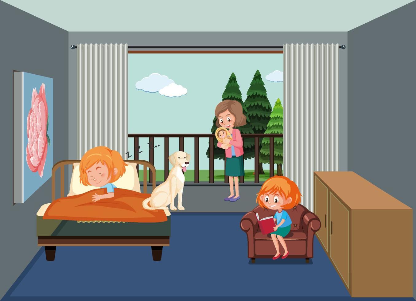 Bedroom scene with family members in cartoon style vector