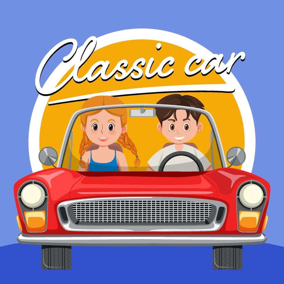 Couple in classic car in cartoon style vector