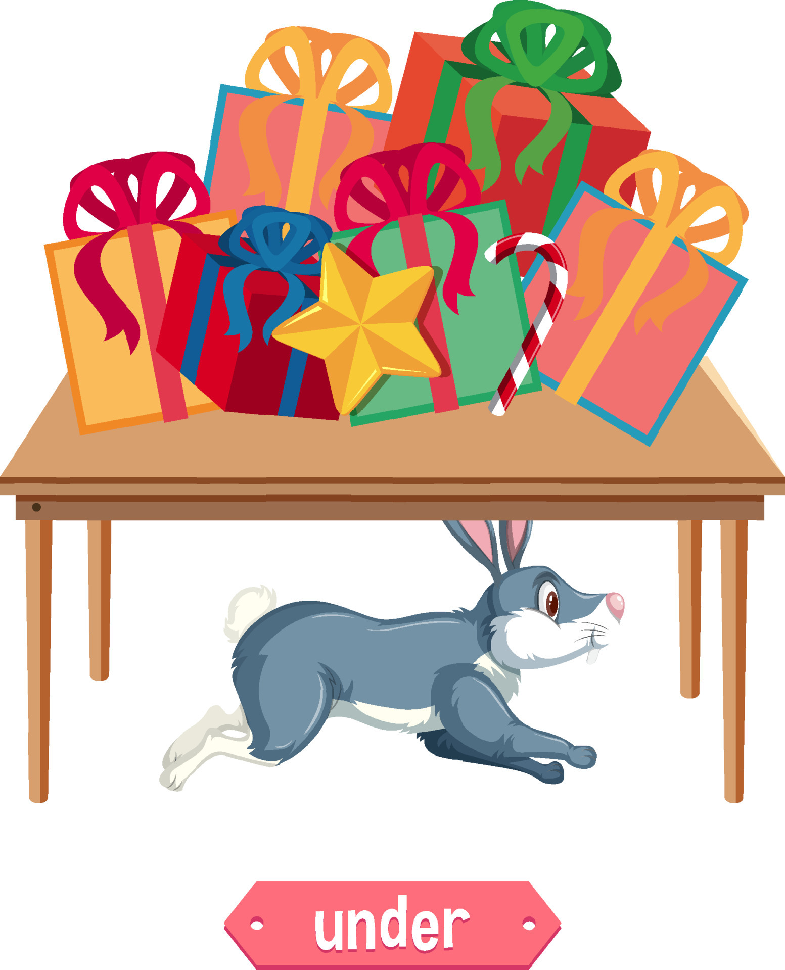 Preposition wordcard with rabbit under table 6890923 Vector Art at Vecteezy