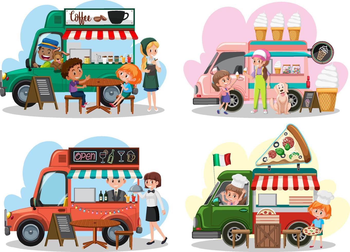 Flea market concept with set of different food trucks vector
