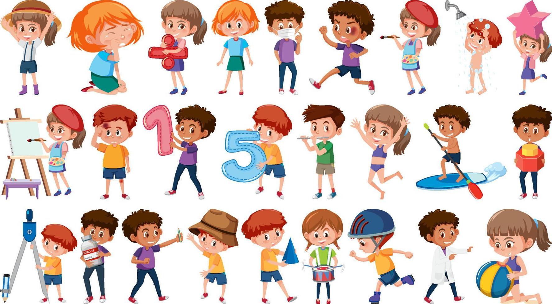 Set of children doing different activities on white background vector