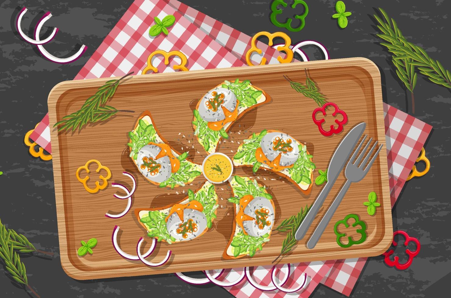 Top view of bruschetta on a wooden tray vector