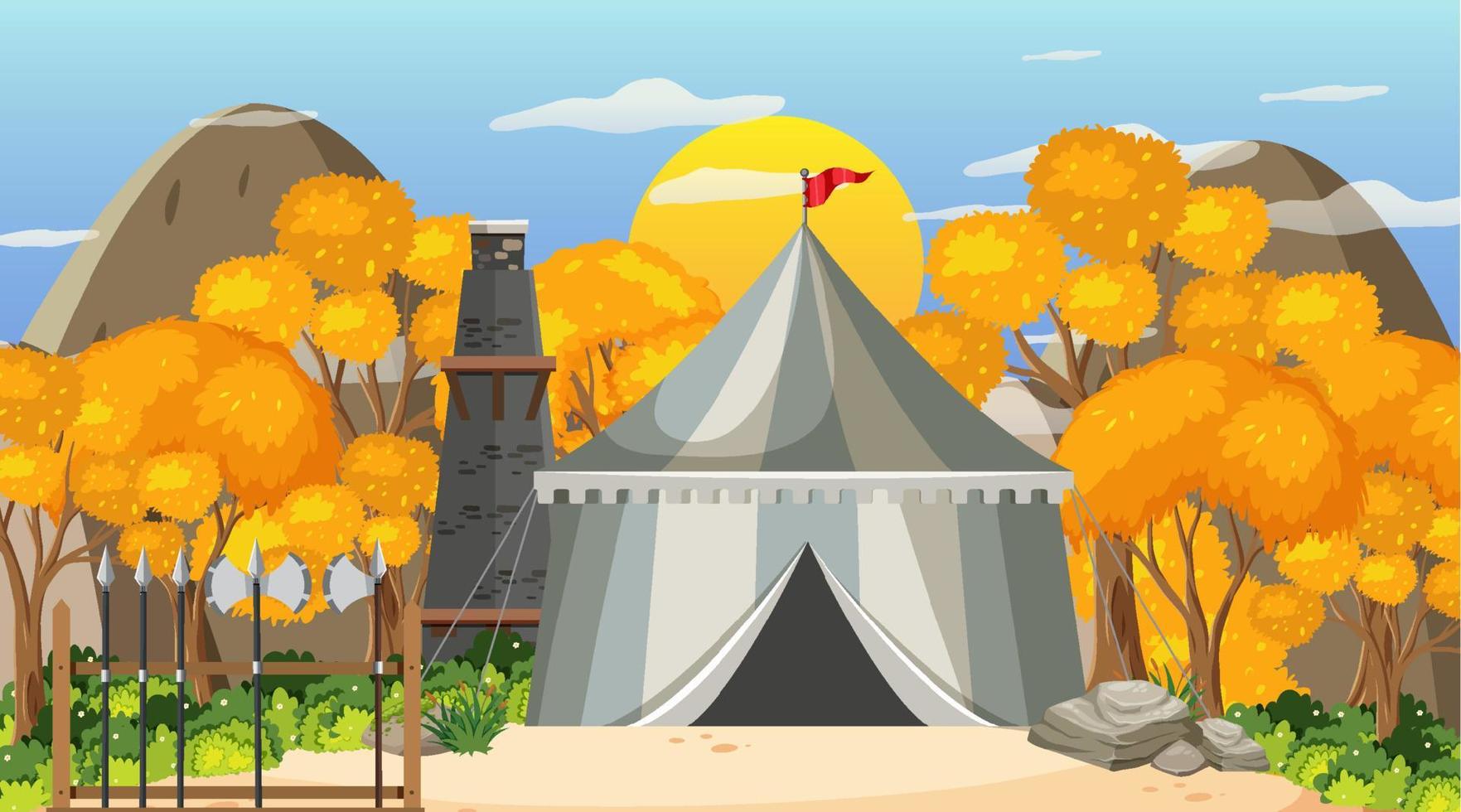 Medieval town scene camp with tents and mountain vector