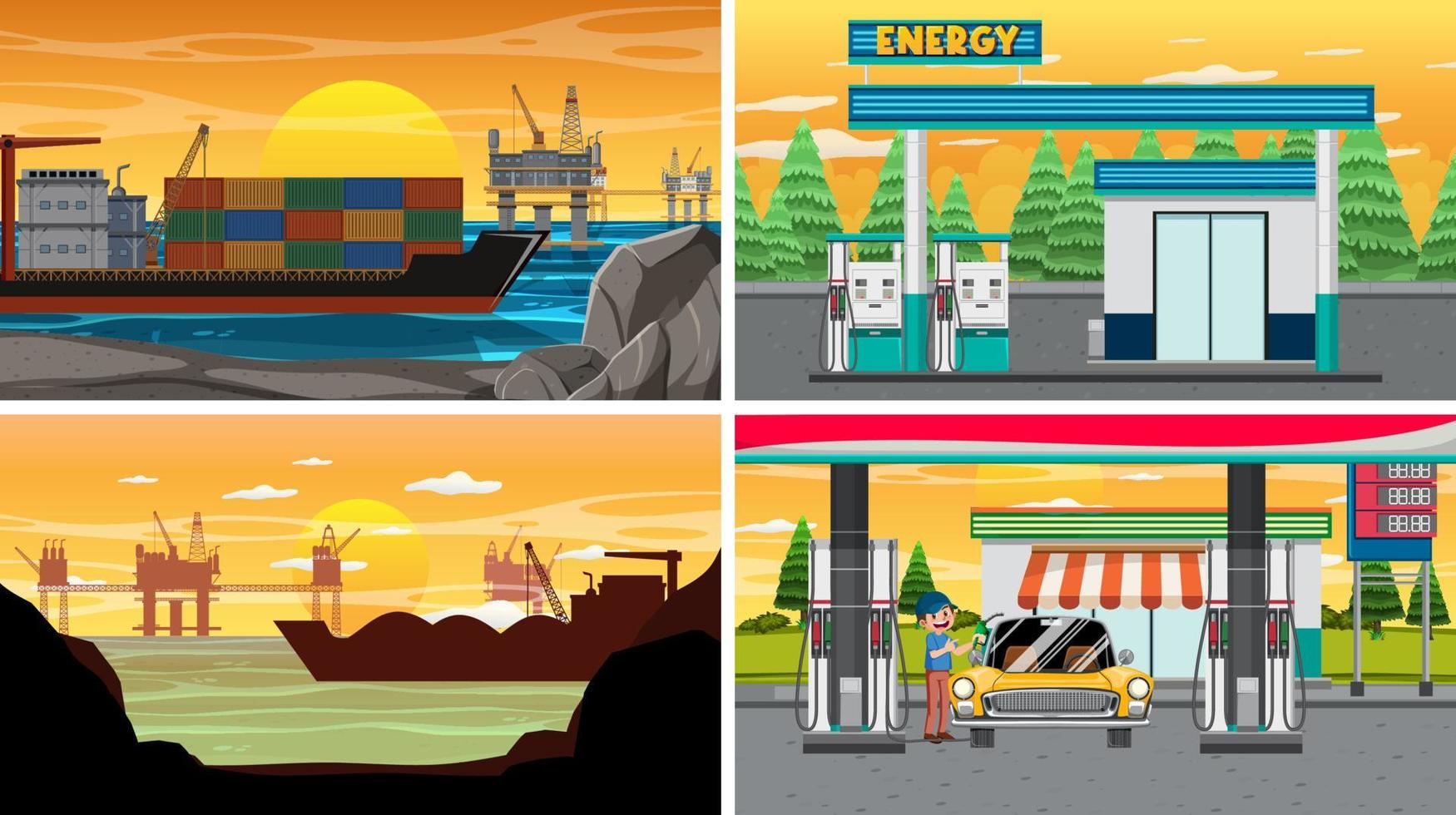 Set of oil petrol and gas relevant scene vector