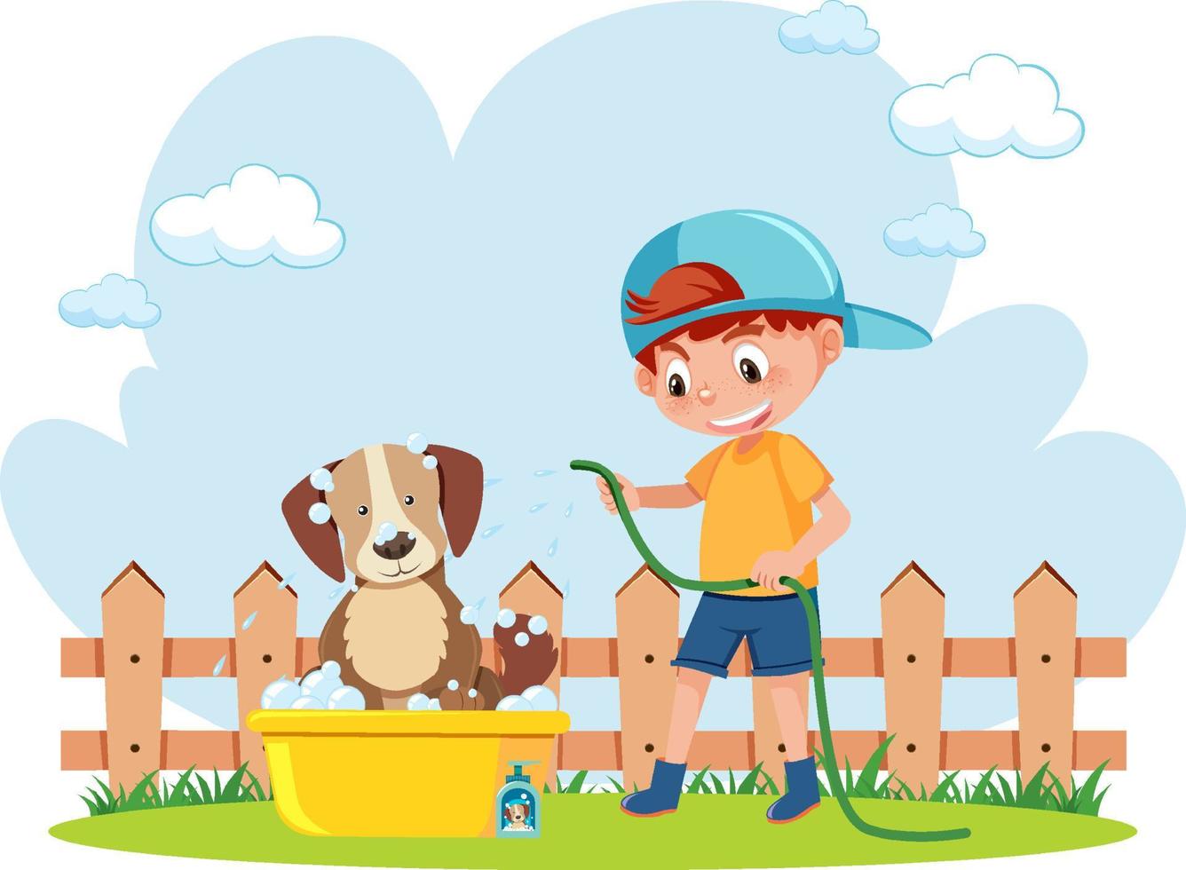 Cute dog take a bath with little boy vector