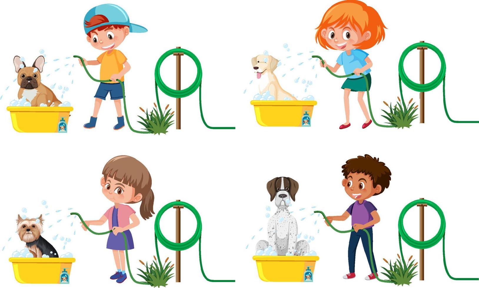 Set of different children washing her dog vector