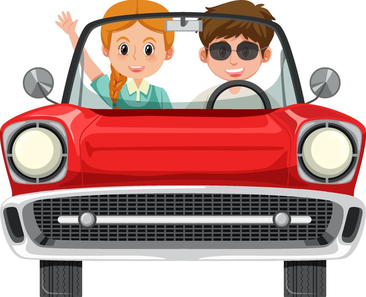 Couple in classic red car on white background vector