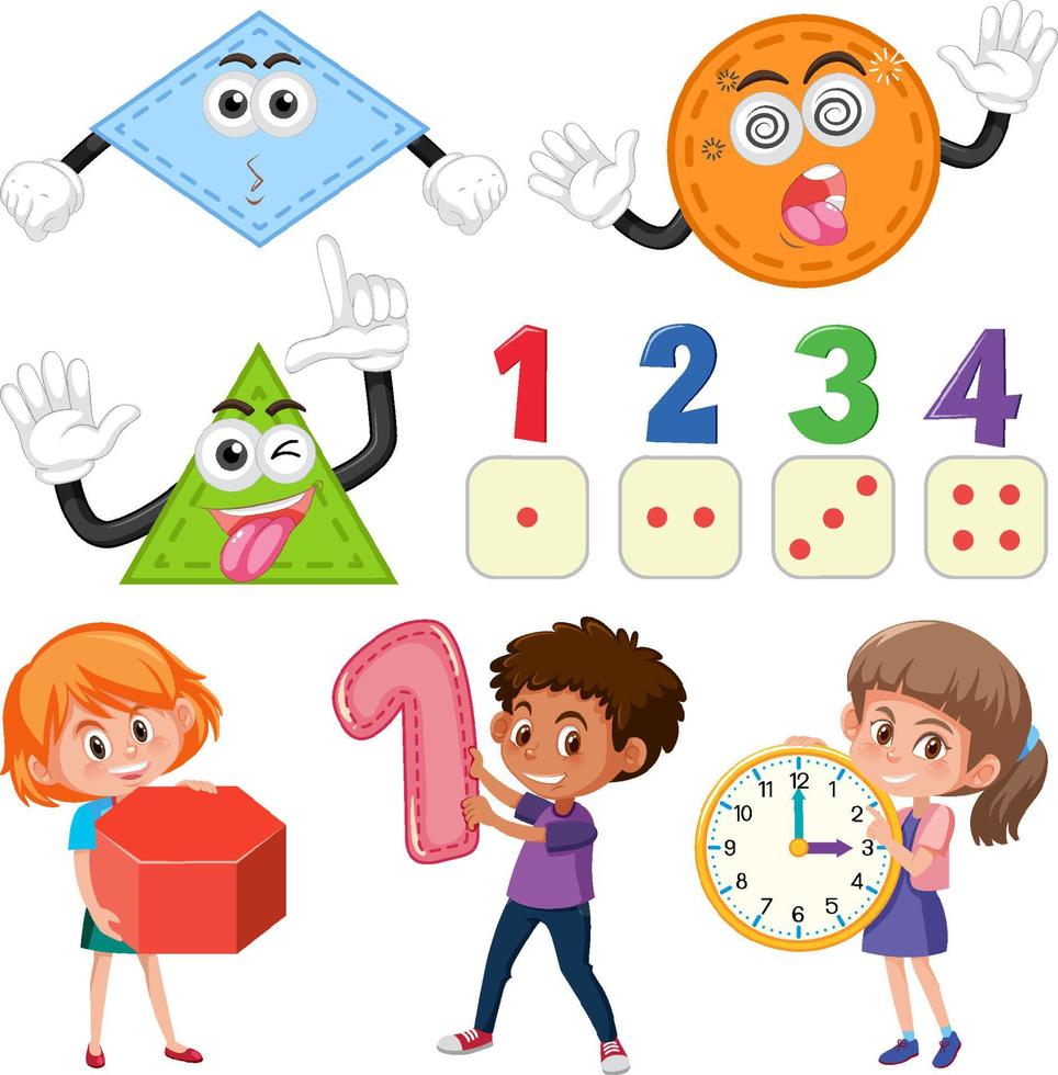 Math classroom objects with supplies and students vector