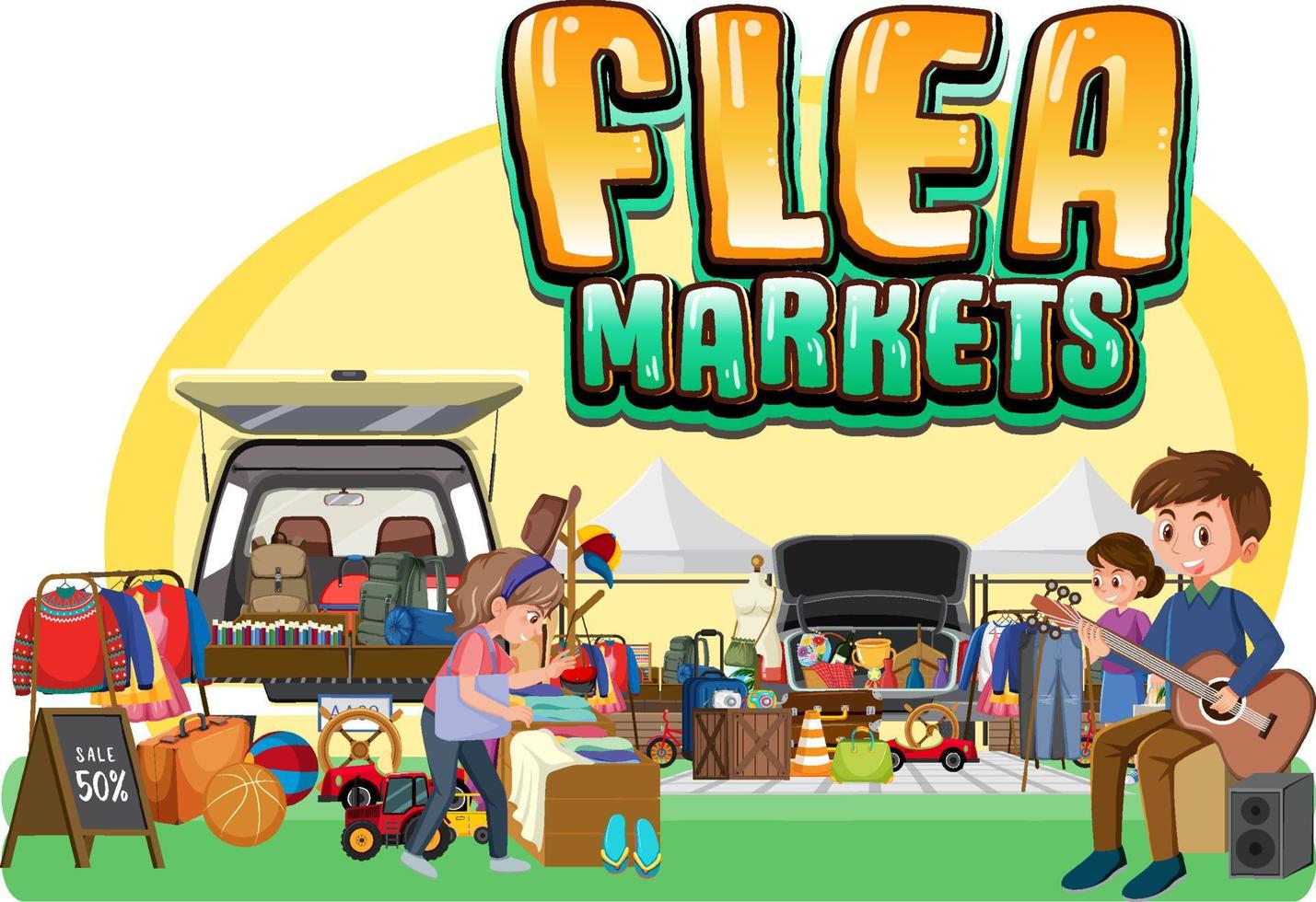 concepto de mercado de pulgas con personaje de dibujos animados de comerciante vector