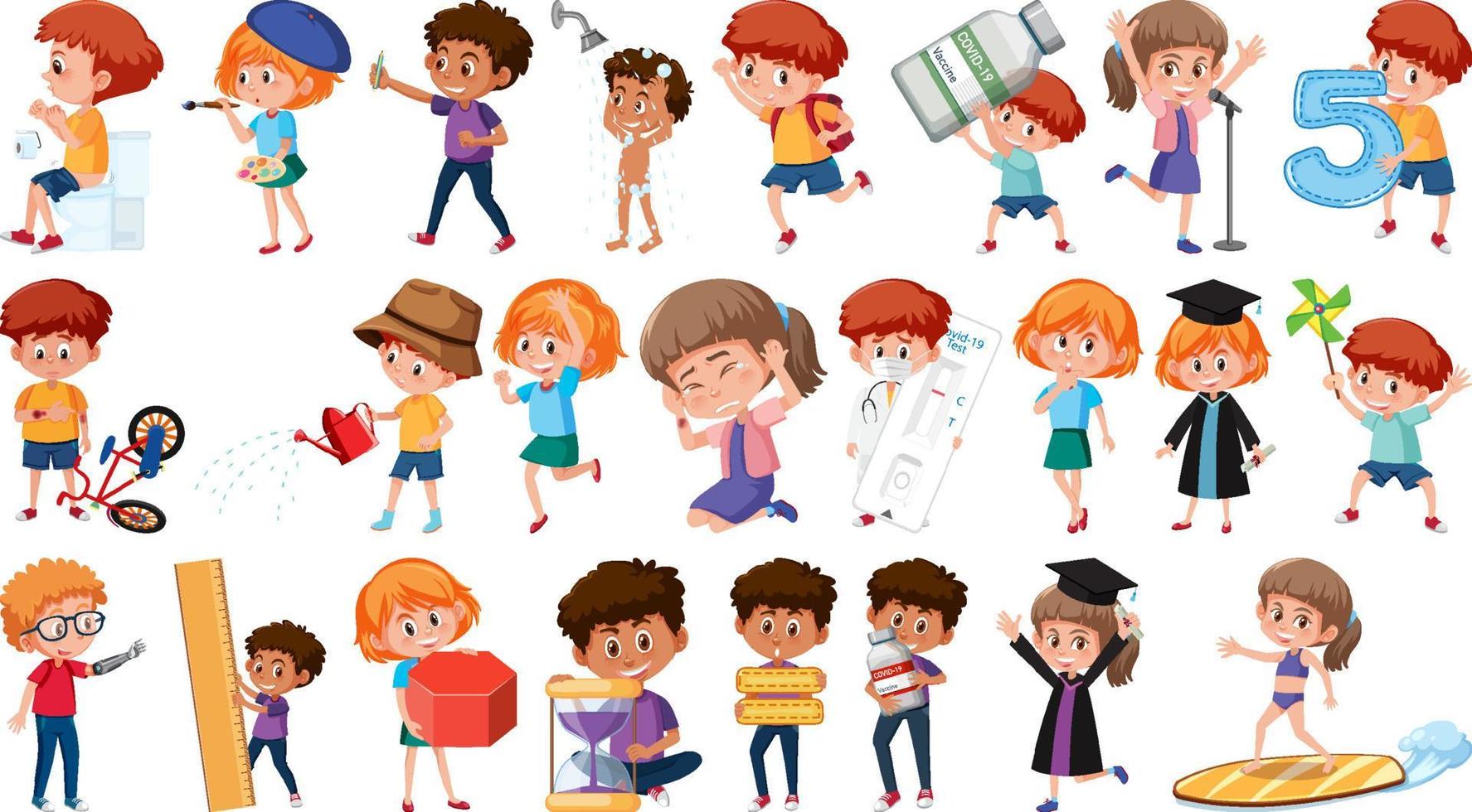 Set of children doing different activities on white background vector