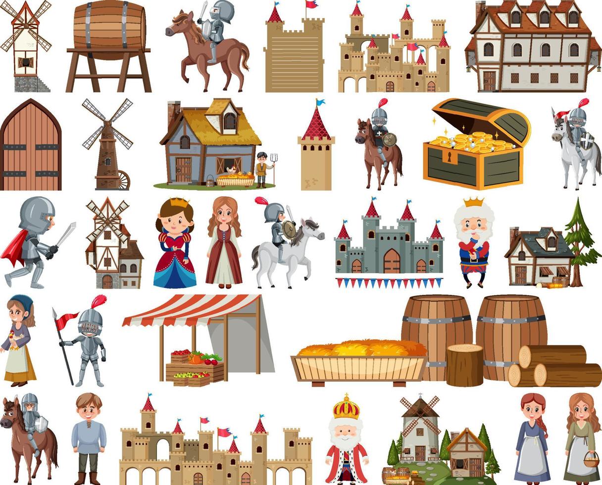 Medieval characters buildings set vector