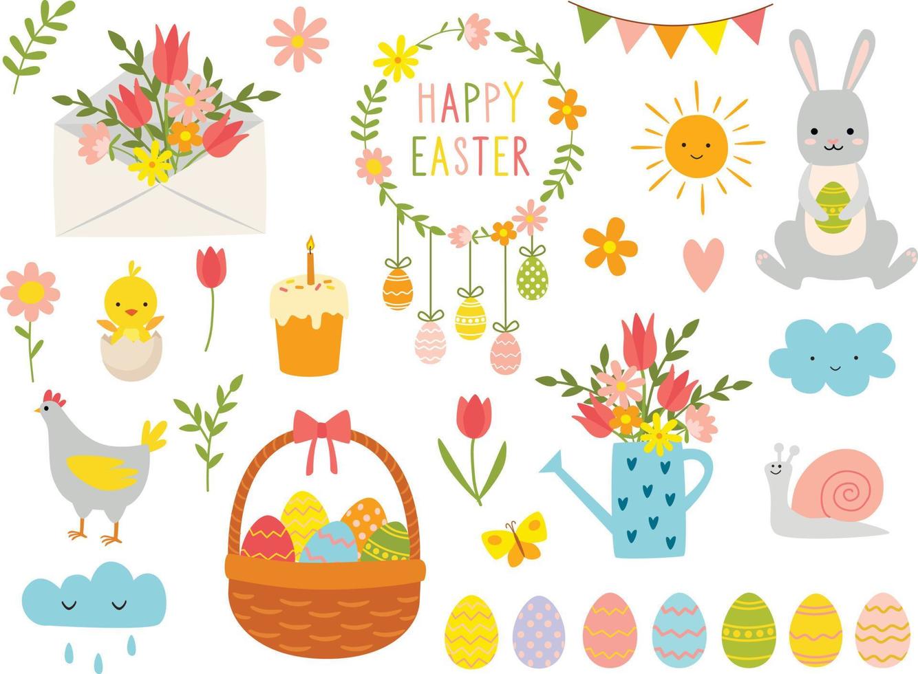 Set of cute Easter cartoon characters and design elements. Easter bunny, chickens, eggs, and flowers. Vector illustration.