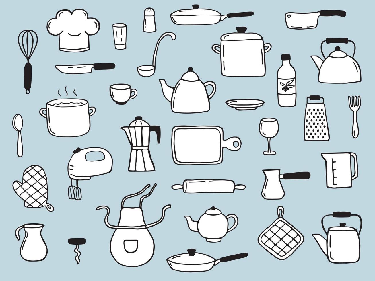 Hand-drawn set of cooking elements. Doodle sketch style. Illustration for icon, menu, recipe design. vector