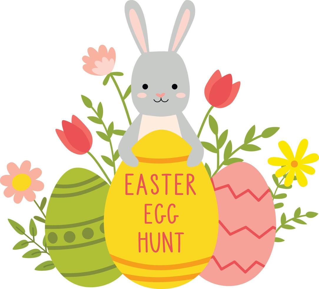 Vector cute poster for Easter Egg Hunt with a cute rabbit with colored eggs