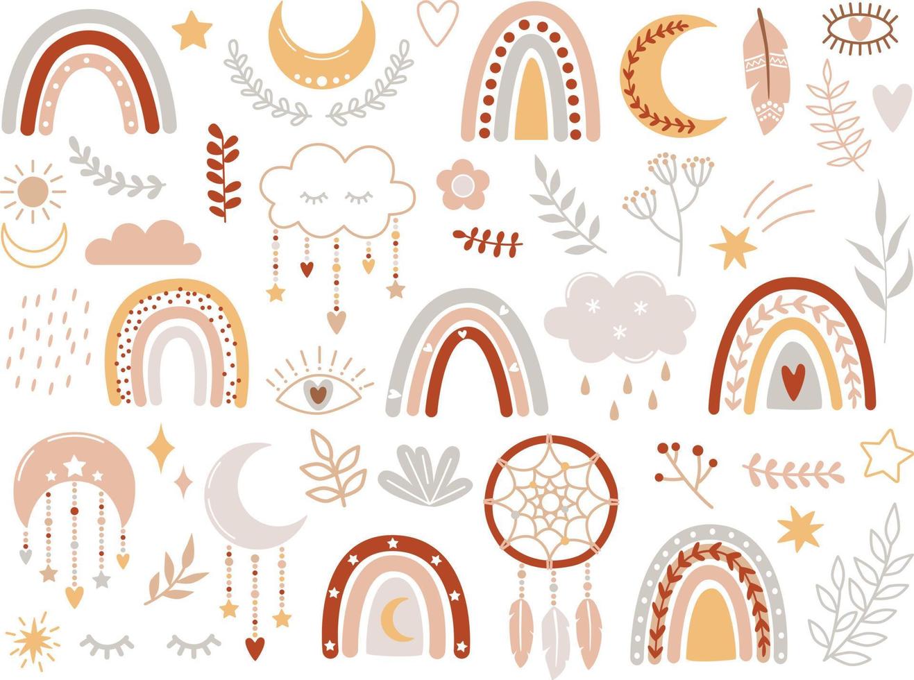 Vector hand-drawn boho clipart for nursery decoration with cute rainbows, branches, moon, sun, cloud, dream catcher.