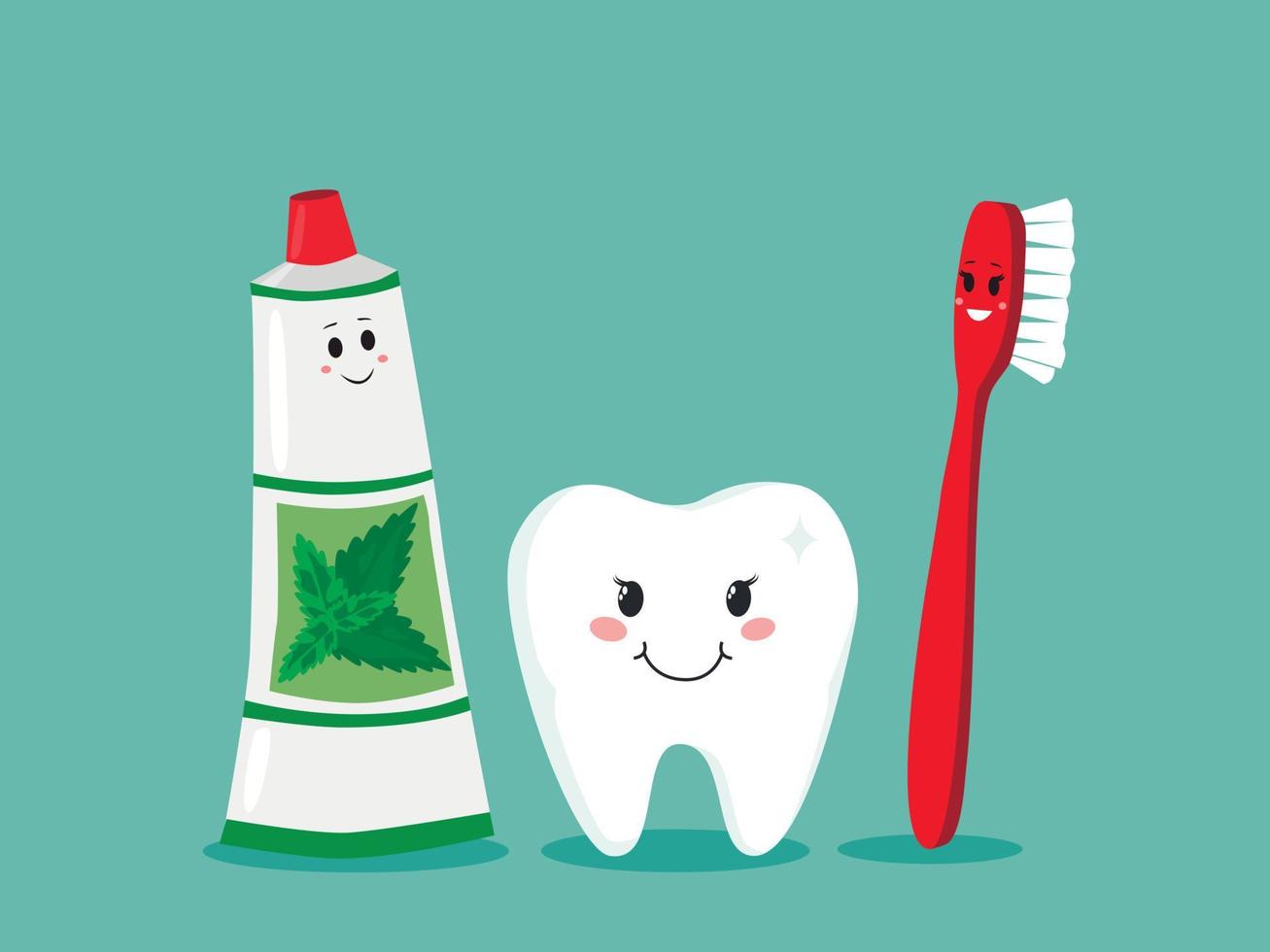 cepillo de dientes, pasta de dientes y dientes. set dental de cepillado de  dientes. feliz diseño de vectores de dibujos animados para niños. 6891043  Vector en Vecteezy