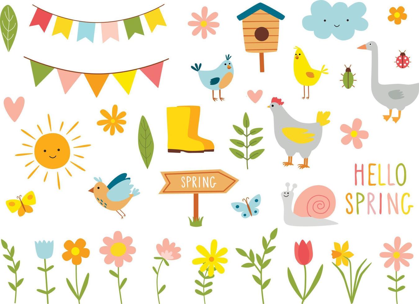 Set of garden cartoon design elements. Rubber boots, birds, and flowers. Vector illustration.