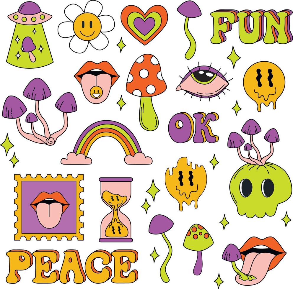Psychedelic sticker. Cartoon abstract groovy comic funny emoji characters. Vector illustration set.