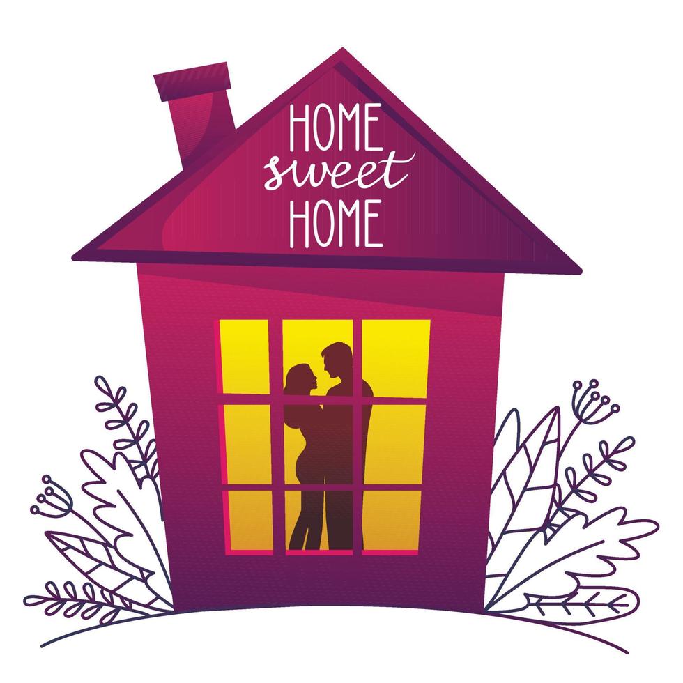 A cute house with a lighted window and a silhouette of a couple in love with the text Home sweet home. Vector illustration. Sweet home hand drawn poster.