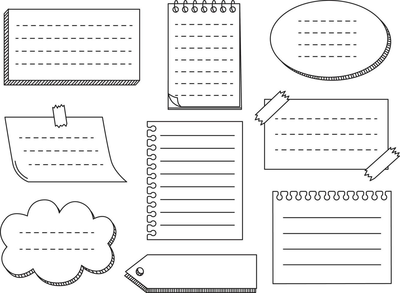 Memo paper sheets, sticky note, reminder, sticky tape and pins. Bullet journal elements. Vector illustration in white background.