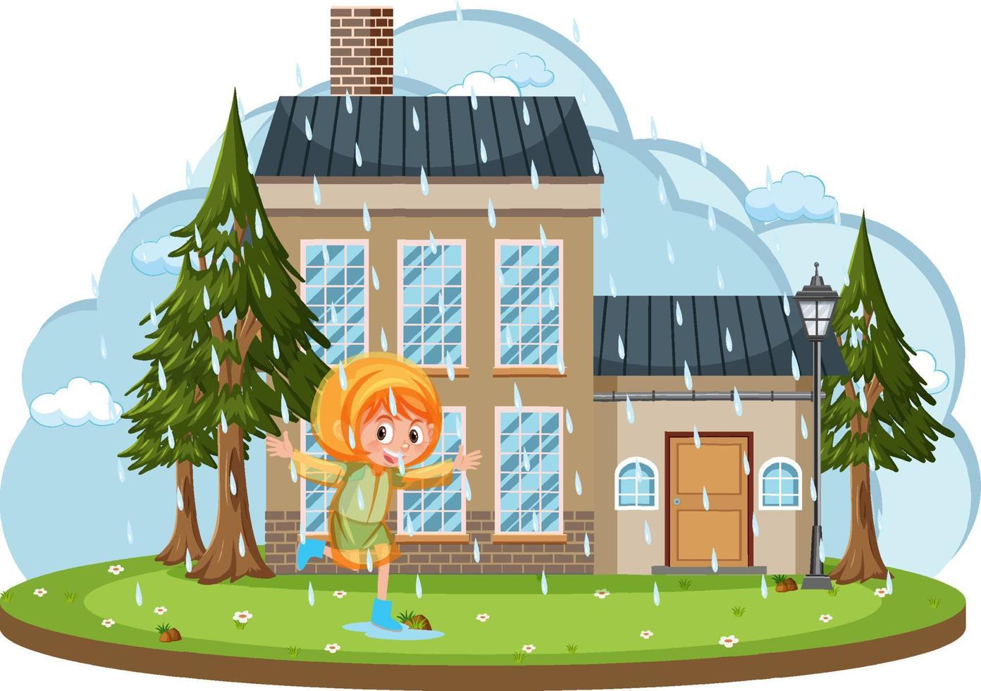 Happy girl playing raining in front of house cartoon vector