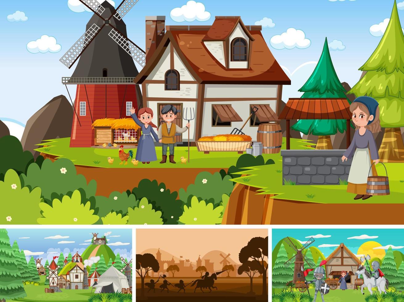 Set of different scene medieval with silhouette vector