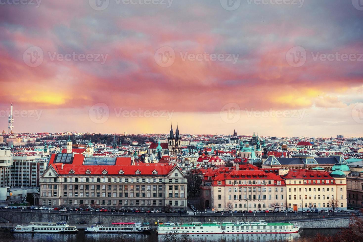 Beautiful Panoramic View of Prague Bridges on River Vltava photo