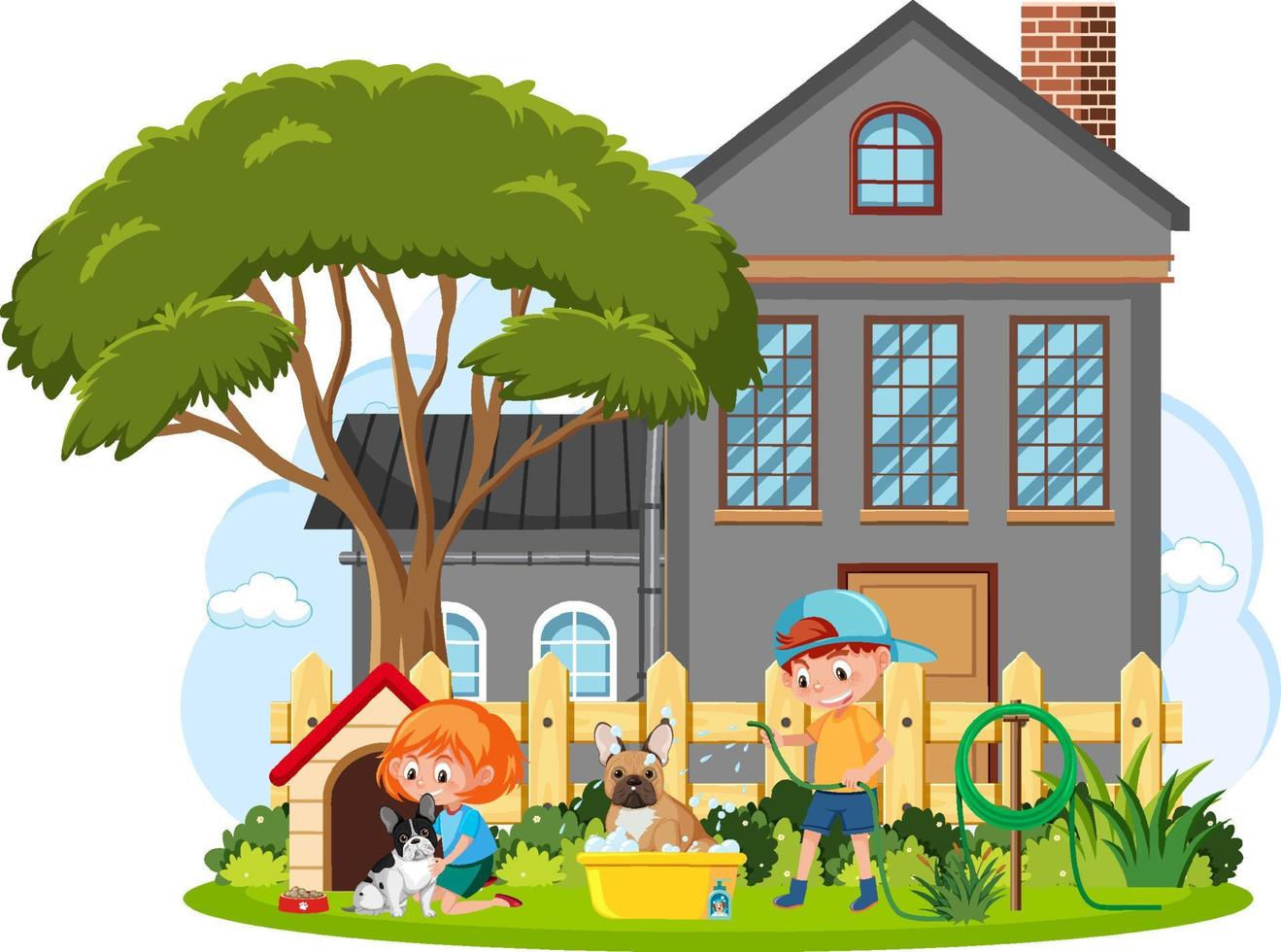 Children washing their pet in front of house cartoon vector