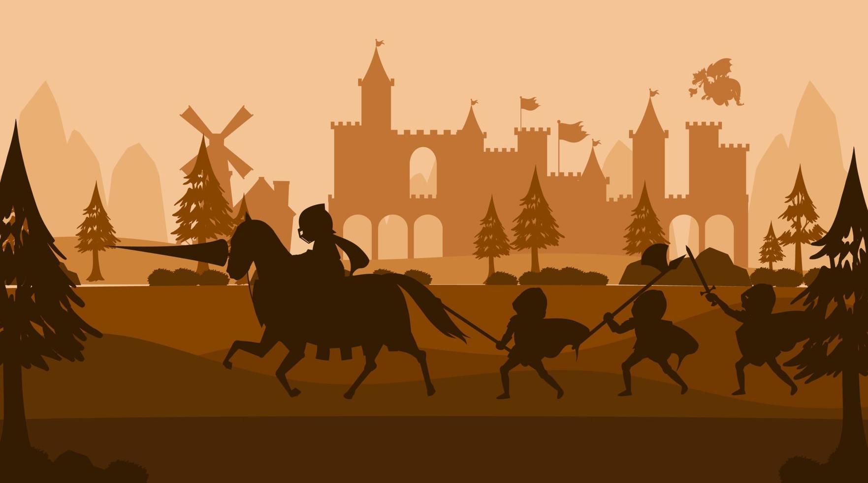 silueta de fondo medieval con ejército medieval vector