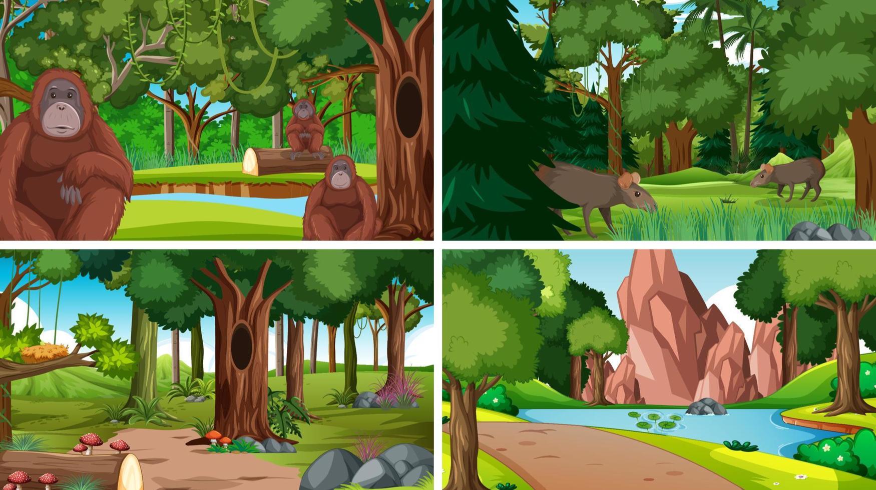 Different forest scenes with wild animals vector