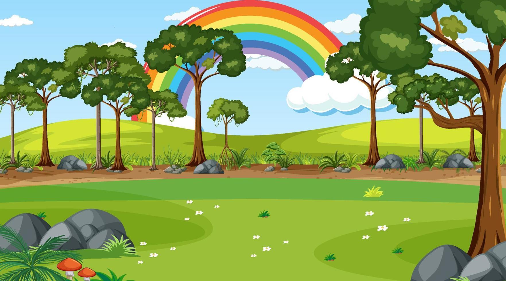 escena del bosque natural con arco iris en el cielo vector