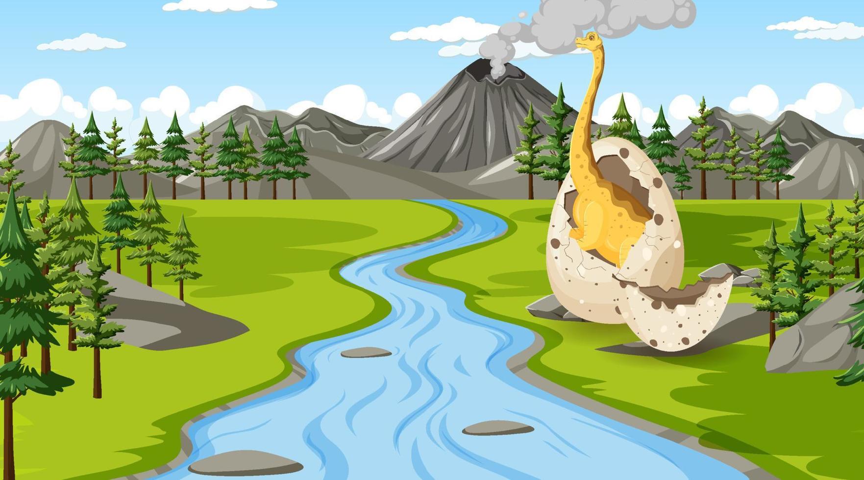 escena con dinosaurios en el bosque vector