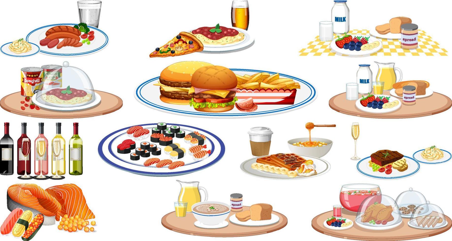 Set of different foods and beverages vector