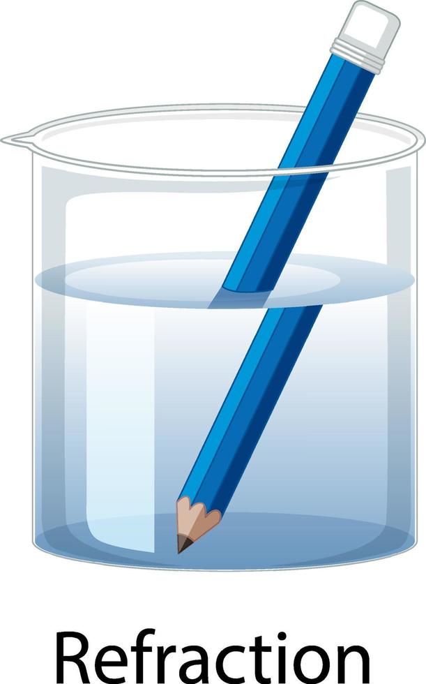 Refraction science experiment with pencil in water beaker vector