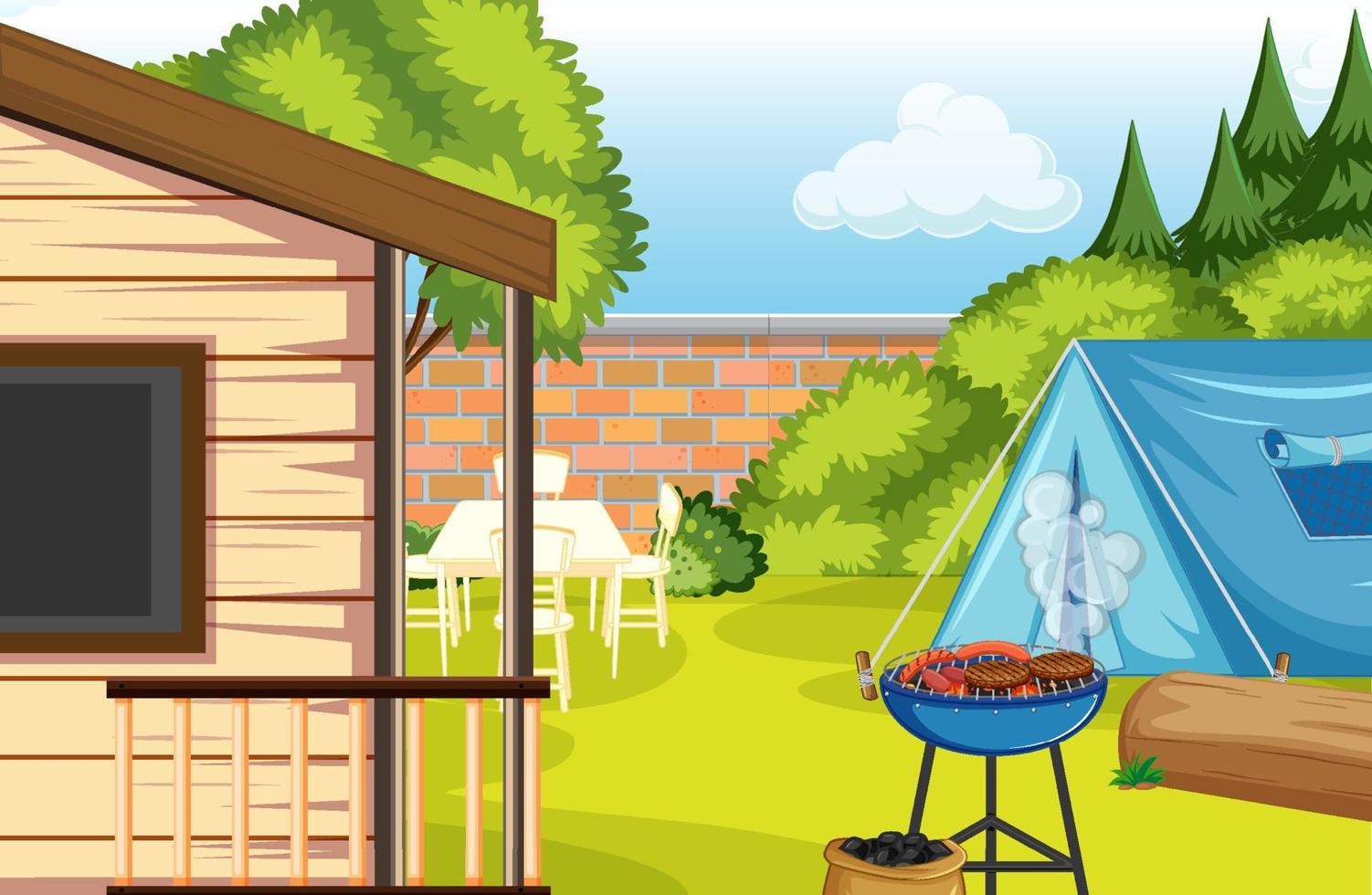Scene of backyard with camp and campfire vector