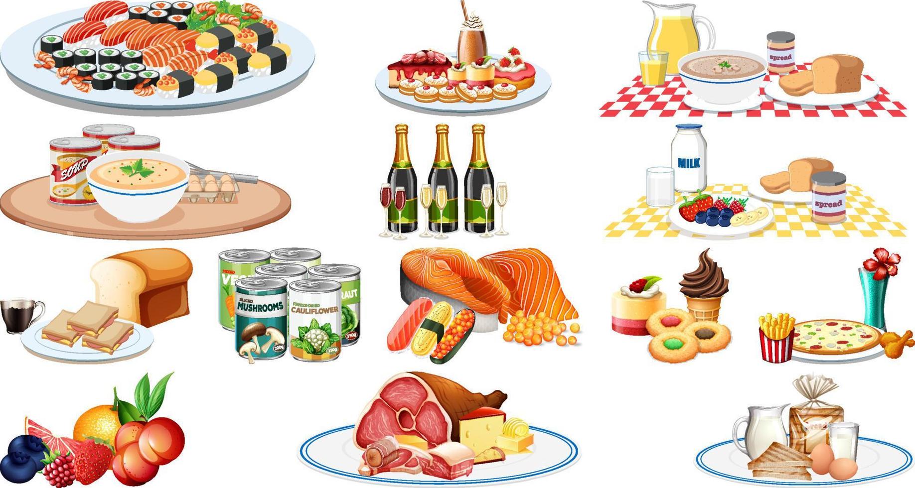 Set of different foods and beverages vector