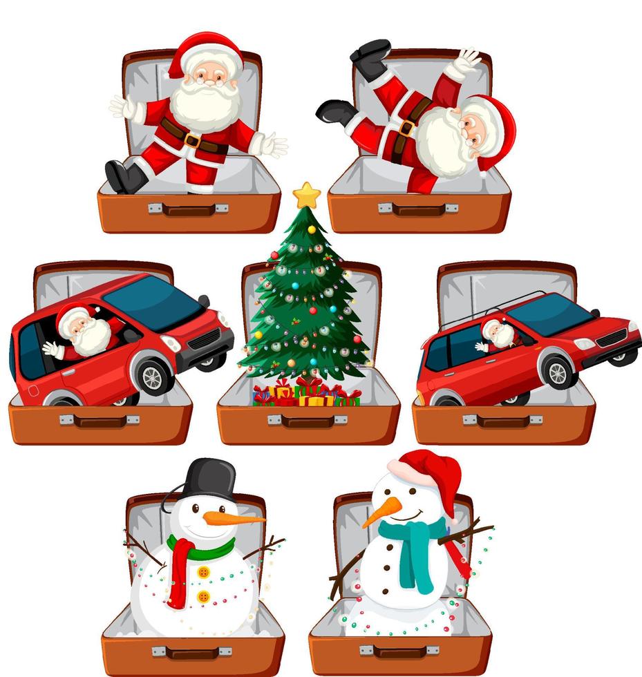 Set of Christmas theme with Santa, snowman, christmas tree in the luggage vector