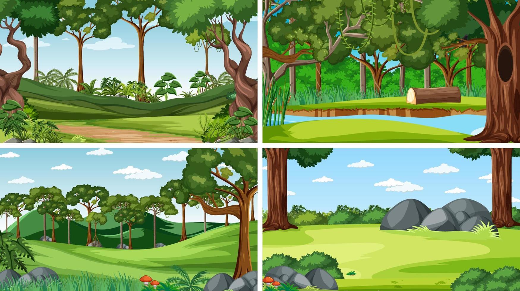 Four forest scenes with trees and river vector