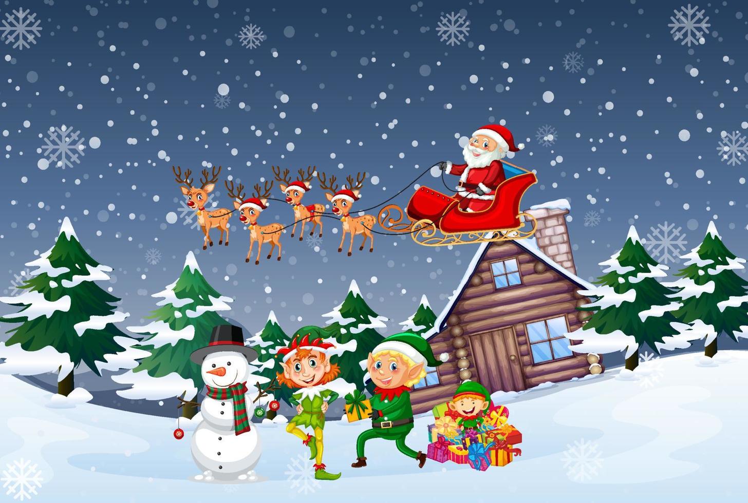 Snowy night scene with Christmas cartoon characters vector