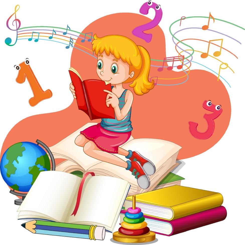 A girl reading books on a stack of books vector