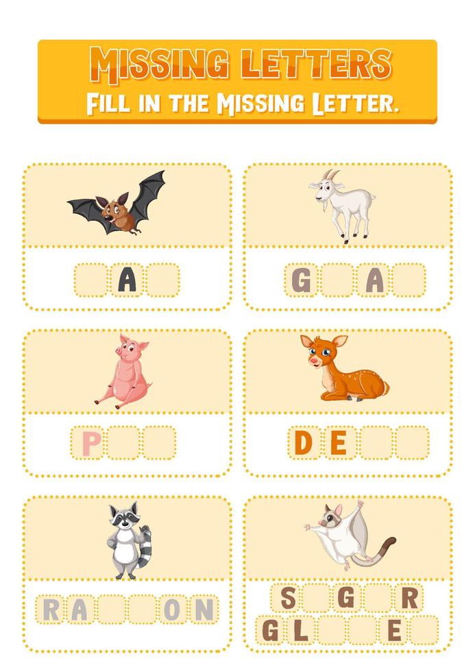 Fill the missing letter of each word worksheet for children vector