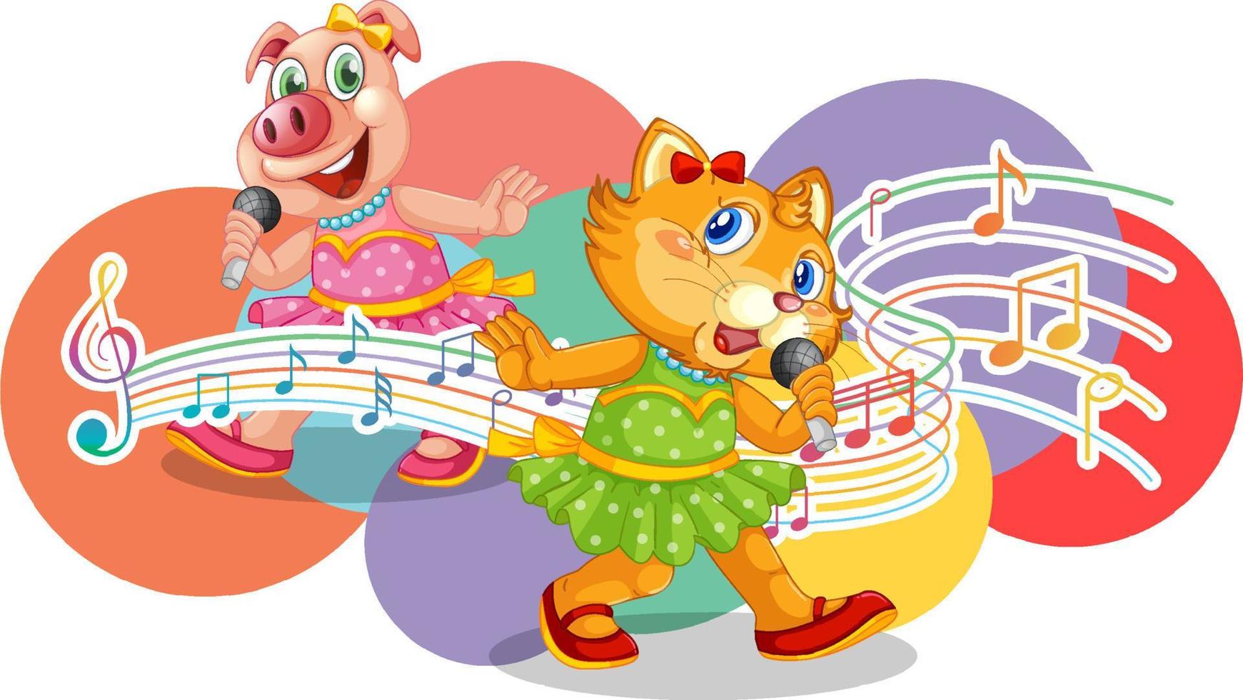 caricatura de gato y cerdo cantante con símbolos de melodía musical vector