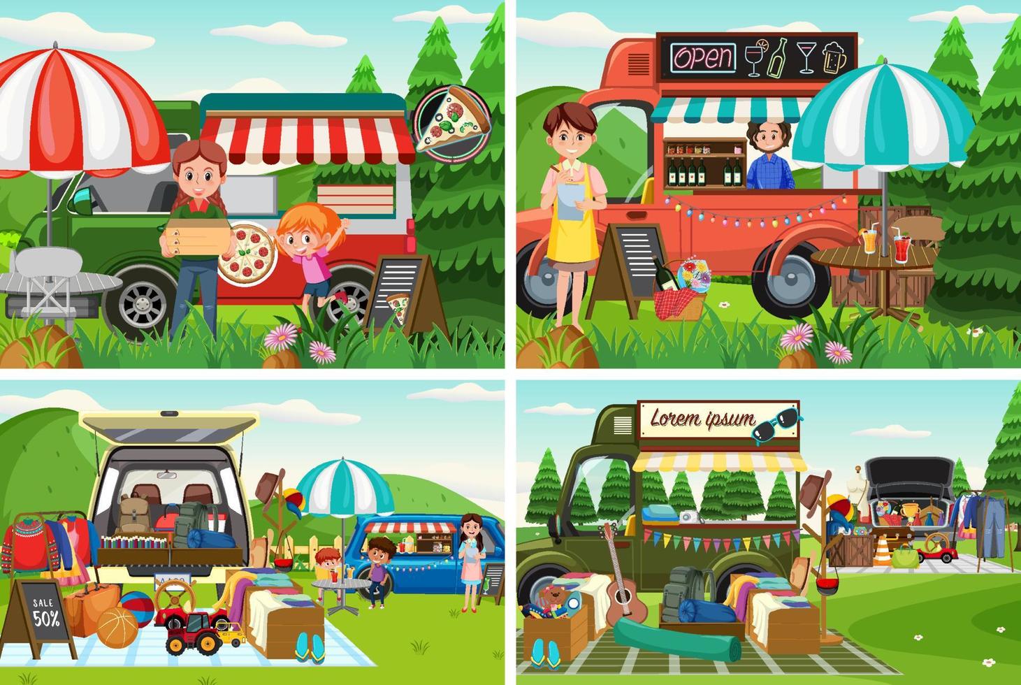 Flea market scene in cartoon style vector