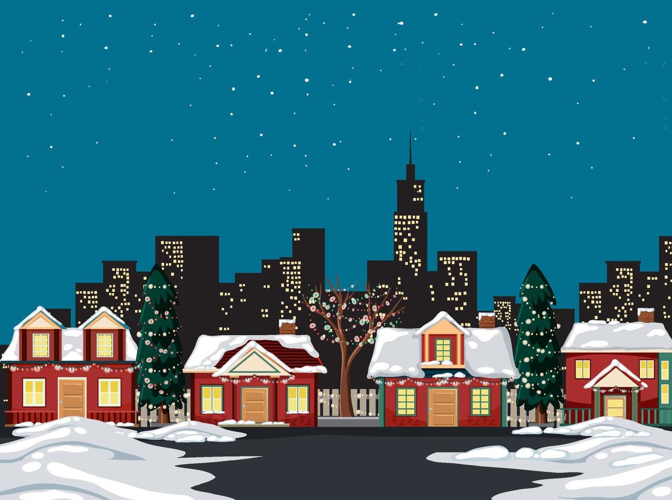 fondo de ciudad pequeña de noche nevada de invierno vector