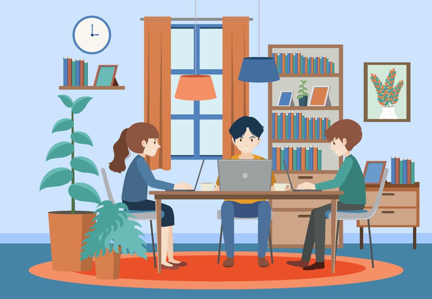 People working on computer at home vector